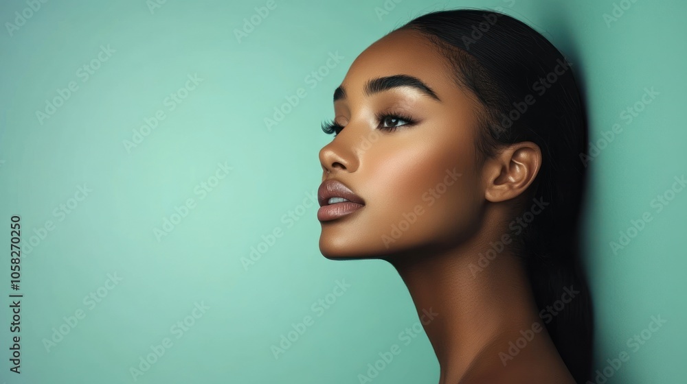 A profile portrait of a woman against a teal background. A profile portrait of a woman against a teal background.