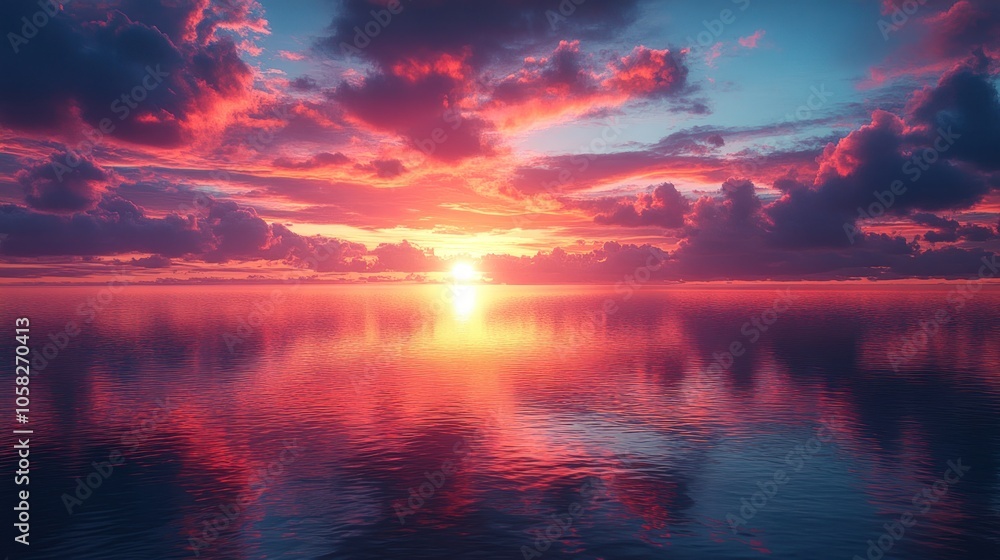 Vibrant sunset over calm waters with colorful clouds. Vibrant sunset over calm waters with colorful clouds.