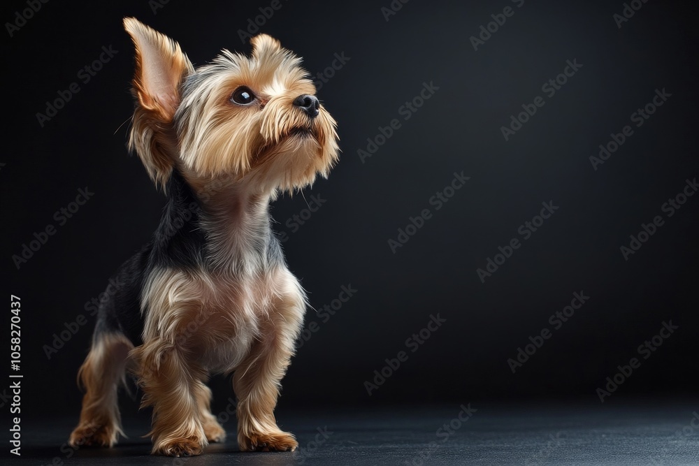 the beside view baby Yorkshire Terrier standing, left side view, low angle, white copy space on right, Isolated on black Background the beside view baby Yorkshire Terrier standing, left side view, low angle, white copy space on right, Isolated on black Background