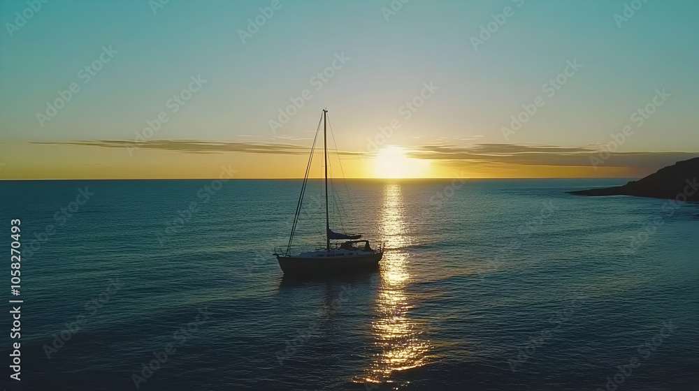 Fototapeta premium Sailboat at sunset on the open ocean.