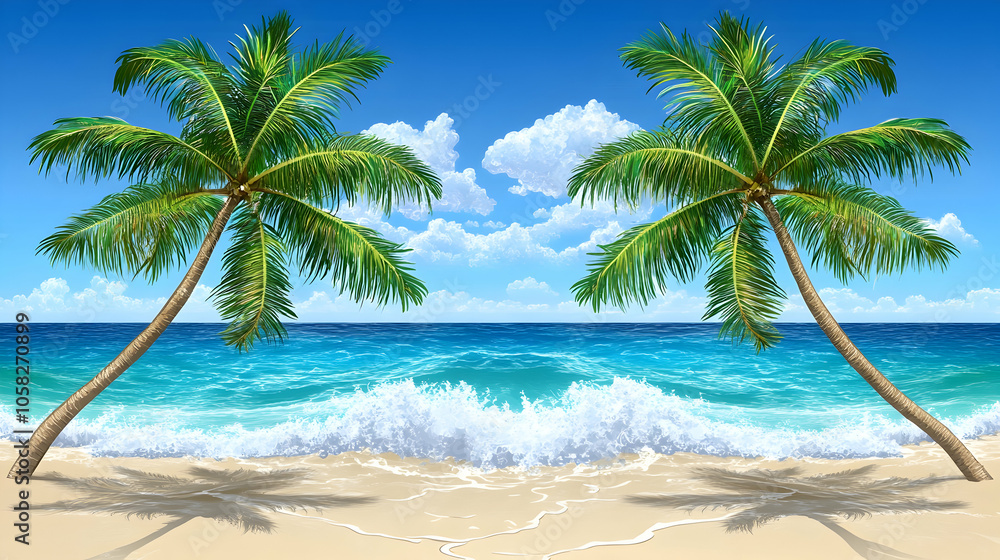 Two palm trees stand tall on a white sandy beach with blue ocean and sky in the background. Two palm trees stand tall on a white sandy beach with blue ocean and sky in the background.