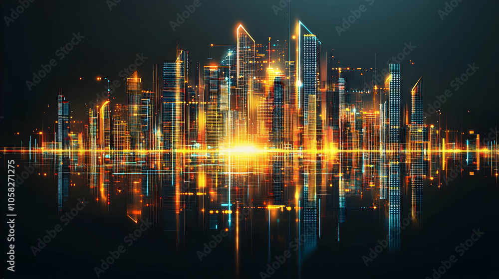 A glowing cityscape with skyscrapers and reflections in the water. A glowing cityscape with skyscrapers and reflections in the water.