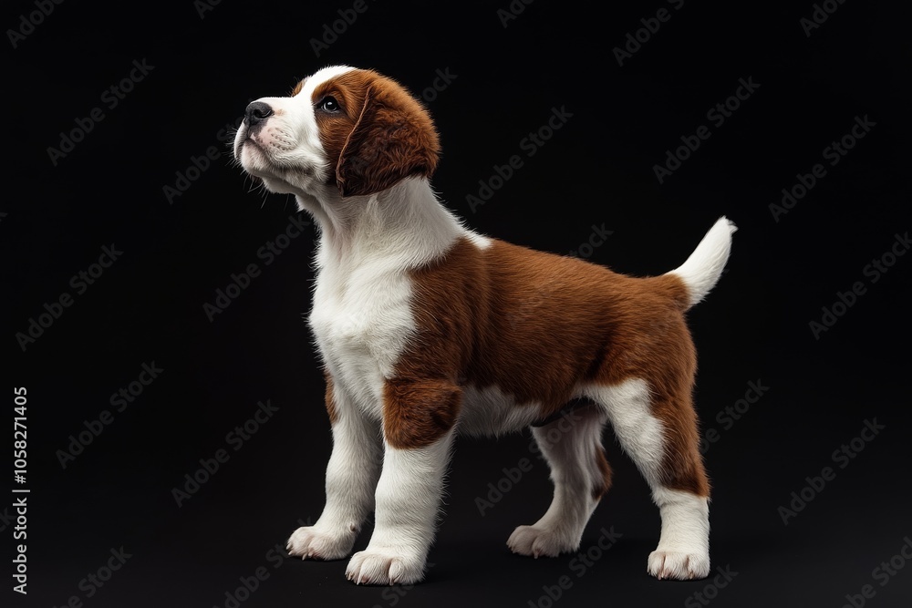 the beside view baby Saint Bernard standing, left side view, low angle, white copy space on right, Isolated on black Background the beside view baby Saint Bernard standing, left side view, low angle, white copy space on right, Isolated on black Background