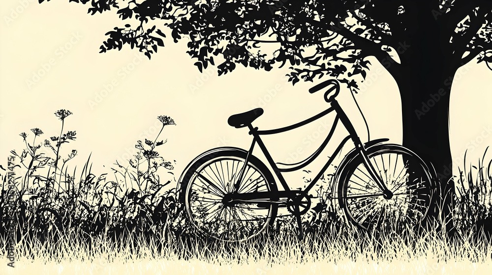 Obraz premium A silhouette of a bicycle leaning against a tree in a grassy field.
