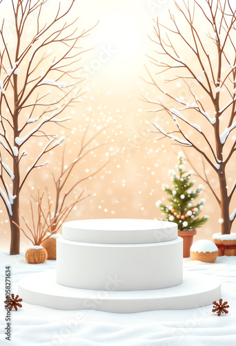 snowy podium product stand mockup, surrounded falling snowflakes for product winter sale promotion