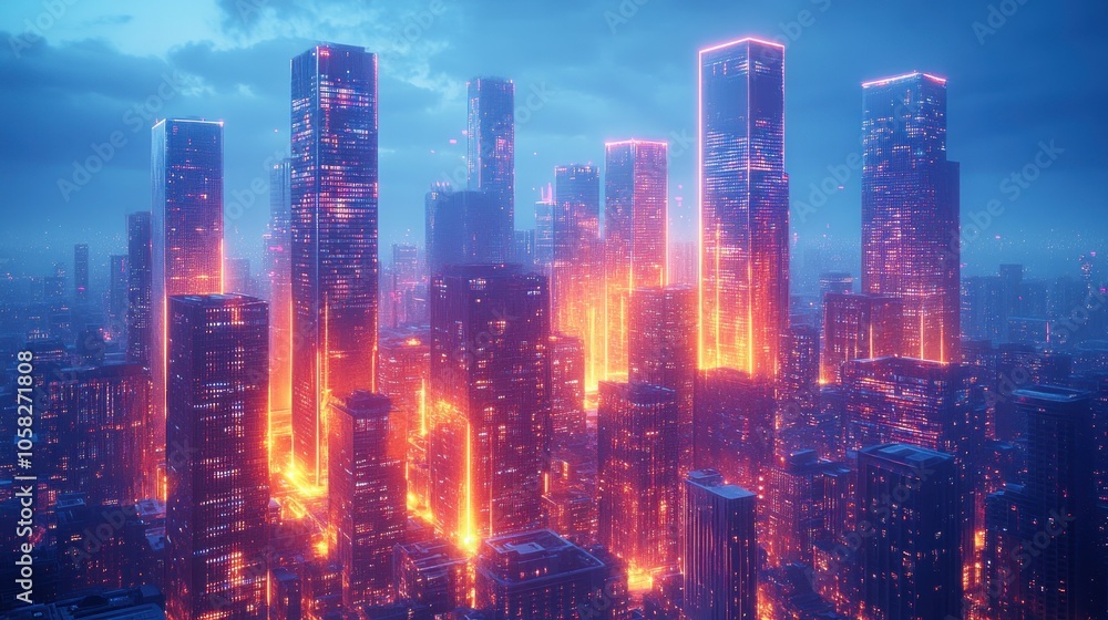 Obraz premium Futuristic cityscape illuminated by vibrant lights at dusk.