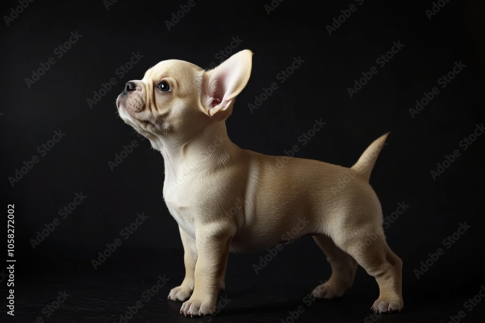 the beside view baby French Bulldog standing, left side view, low angle, white copy space on right, Isolated on black Background the beside view baby French Bulldog standing, left side view, low angle, white copy space on right, Isolated on black Background