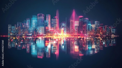 A breathtaking shot of the Tokyo night skyline, illuminated by vibrant neon lights that reflect off the water below, creating a mesmerizing display of colors and shapes.