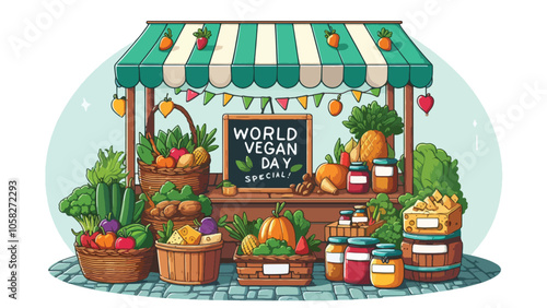 A vegan farmer’s market stall, with baskets full of vegetables, fruits, and jars labeled vegan honey and plant-based cheese, A signboard on the stall reads World Vegan Day Special