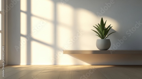 Hyper-realistic minimalist living room, featuring soft natural light, a single potted plant