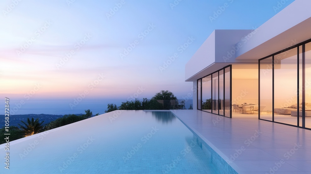 Fototapeta premium Luxury villa with infinity pool, expansive glass walls, and ocean views, sunset lighting, ultrarealistic photo, wideangle shot for dramatic effect