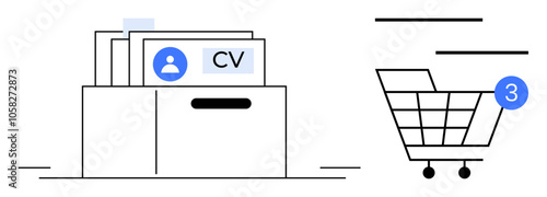 Digital folder containing documents marked CV alongside an online shopping cart with three notifications. Ideal for job search, recruitment, e-commerce, online shopping, notifications, digital