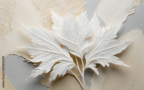 Delicate White Leaf Cluster on Textured Beige Background