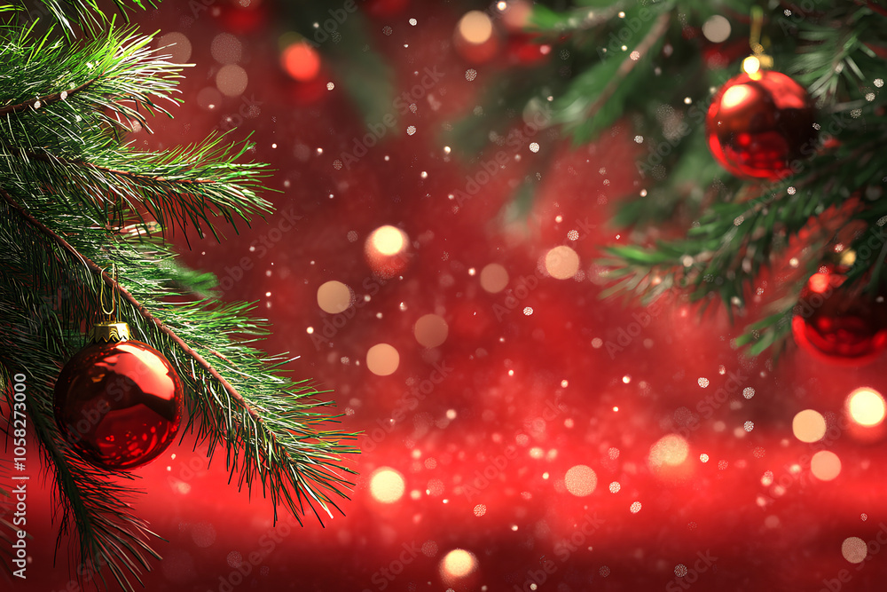 3D holiday-themed red background with ornaments and green fir, festive style 3D holiday-themed red background with ornaments and green fir, festive style