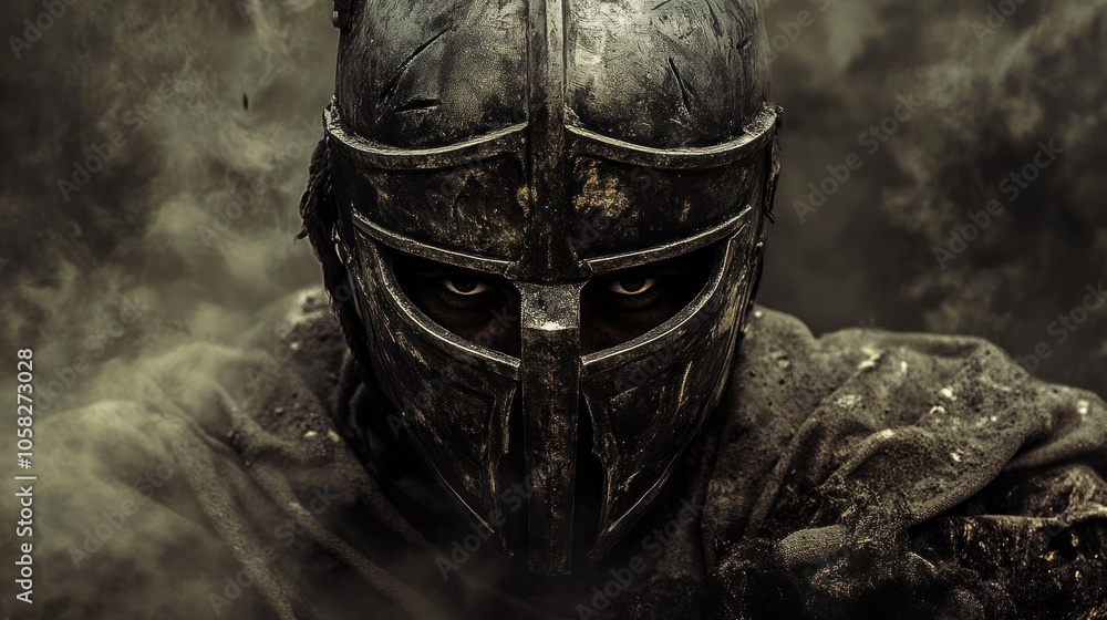A fierce warrior in a weathered helmet gazes through a smoky battlefield. A fierce warrior in a weathered helmet gazes through a smoky battlefield.