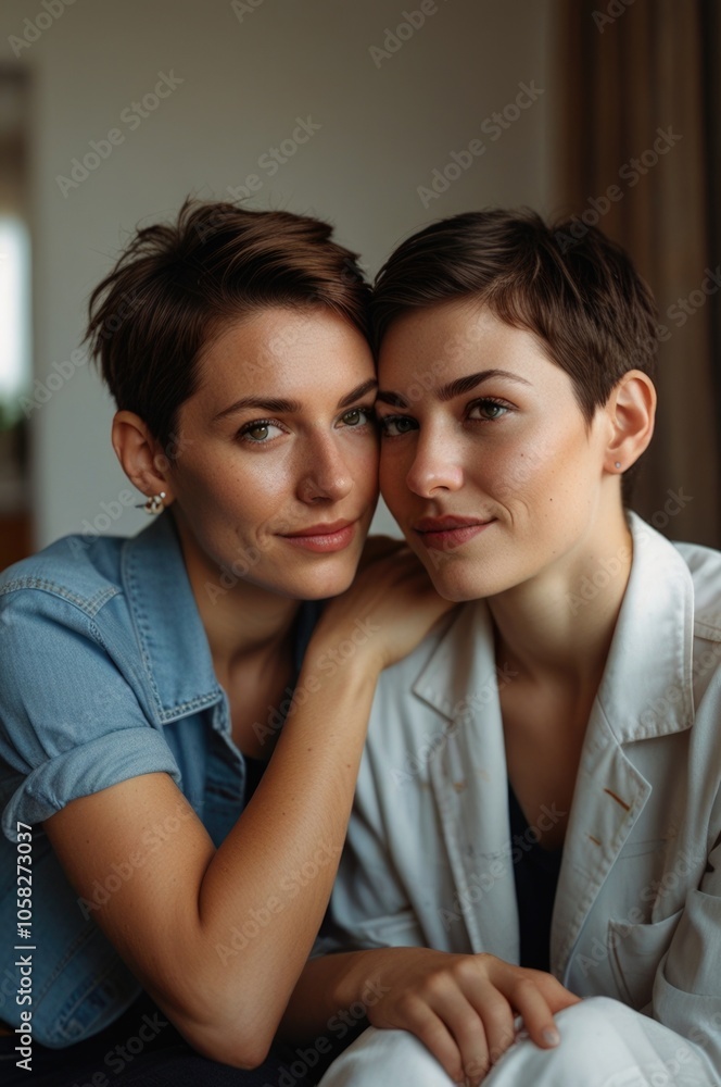 A female gay couple shows their affection in the living room A female gay couple shows their affection in the living room