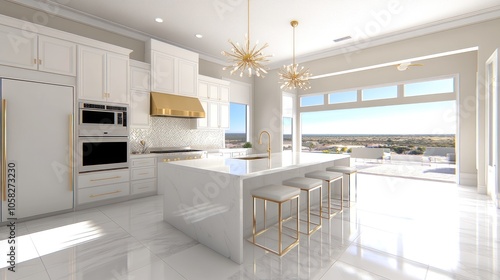 Modern Luxury Kitchen with Sputnik Chandelier, Gold Faucet, Stainless Steel Appliances, and White Marble Countertops