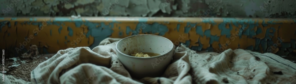 A bowl of food is sitting on a dirty blanket A bowl of food is sitting on a dirty blanket
