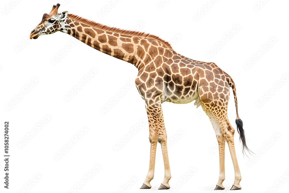 Obraz premium Full-body profile of a giraffe standing against a white backdrop, showcasing its distinctive coat and graceful posture