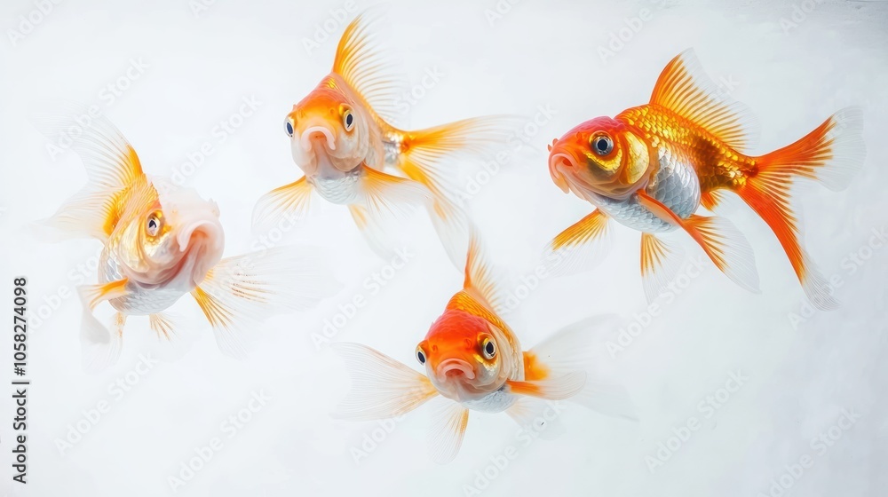 Obraz premium Four goldfish swimming gracefully in clear water, showcasing their vibrant colors and fins.