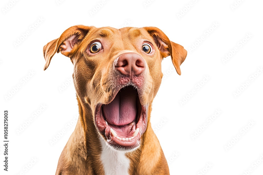 Studio shot of adorable pitbull dog looking surprised with wide opened mouth against white background Studio shot of adorable pitbull dog looking surprised with wide opened mouth against white background