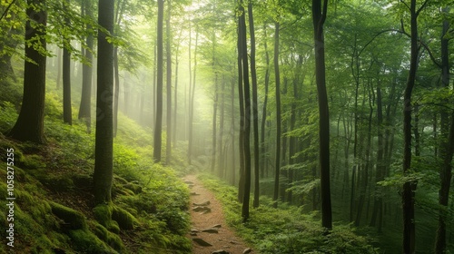 Photography of a misty forest with high trees, a narrow trail, and soft, diffused light filtering