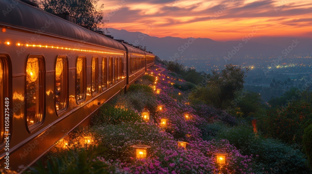 Fototapeta premium Scenic train journey through vibrant flowers at sunset.