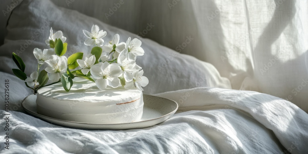A serene arrangement of a cake and white flowers on a soft, textured surface. A serene arrangement of a cake and white flowers on a soft, textured surface.