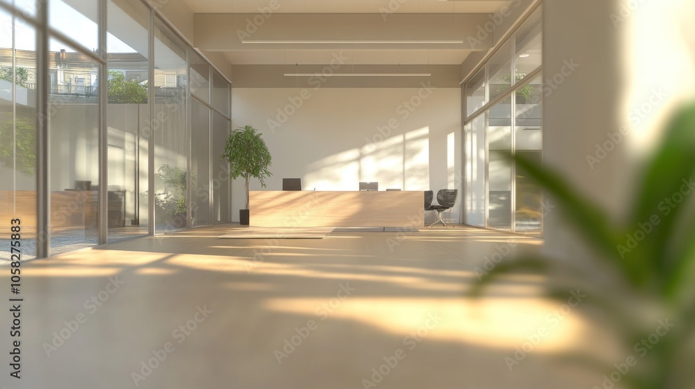 Modern office reception area with natural light and minimalist design. Modern office reception area with natural light and minimalist design.