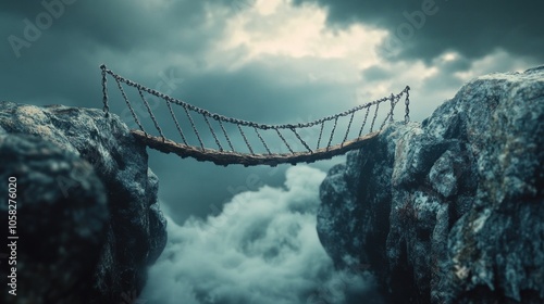 A suspended rope bridge connects two rocky cliffs above a misty abyss, evoking adventure. photo