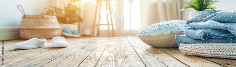 A room with a wooden floor and a pile of blue clothes A room with a wooden floor and a pile of blue clothes