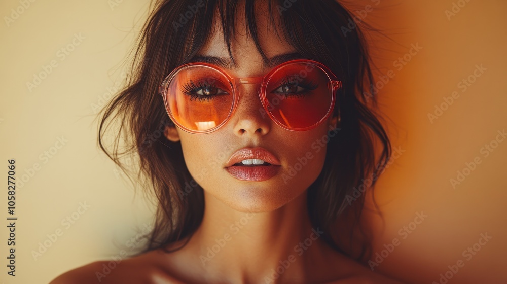 A woman wearing stylish sunglasses against a warm backdrop. A woman wearing stylish sunglasses against a warm backdrop.