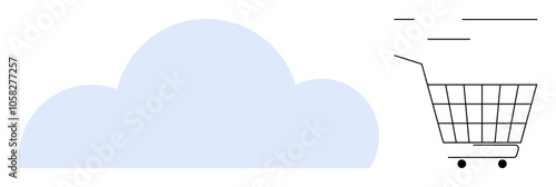 Outline shopping cart beside a light blue cloud. Ideal for digital commerce, online shopping, cloud storage, e-commerce platforms, and internet security. Minimalist vector design style