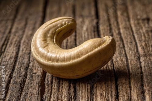 A close up of a single cashew nut with its unique curved shape, resting on a wooden surface. photo