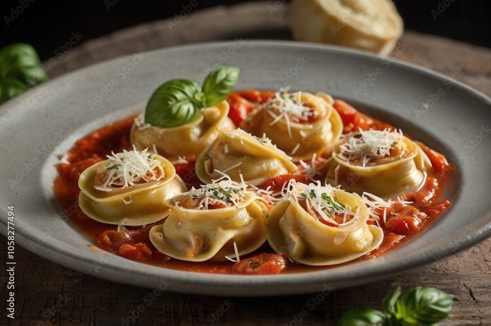 A plate of tortellini in a light tomato and basil sauce, garnished with shredded parmesan cheese. A plate of tortellini in a light tomato and basil sauce, garnished with shredded parmesan cheese.
