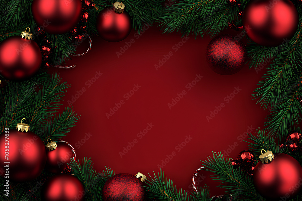 Christmas-themed red background surrounded by pine branches and glossy red baubles Christmas-themed red background surrounded by pine branches and glossy red baubles