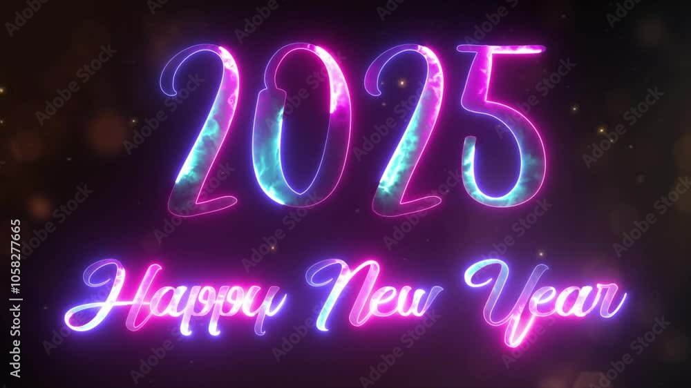 Glowing particles background with the neon number 2025. Happy New Year 2025 card. Happy New Year 2025 banner, golden particles and stars, alpha channel Glowing particles background with the neon number 2025. Happy New Year 2025 card. Happy New Year 2025 banner, golden particles and stars, alpha channel