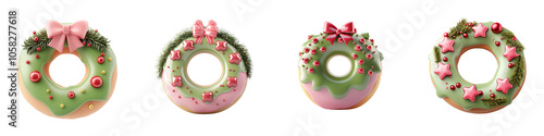 Delightful donut wreaths adorned with festive decorations, featuring vibrant colors and playful designs perfect for holiday celebrations