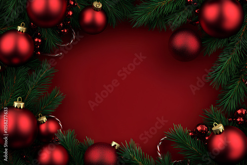 Wallpaper Mural Christmas-themed red background surrounded by pine branches and glossy red baubles Torontodigital.ca