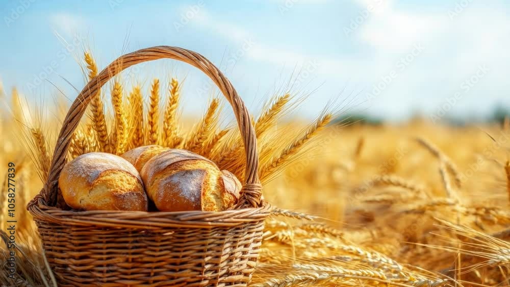 Freshly baked bread in a wicker basket amidst golden wheat fields on a sunny day