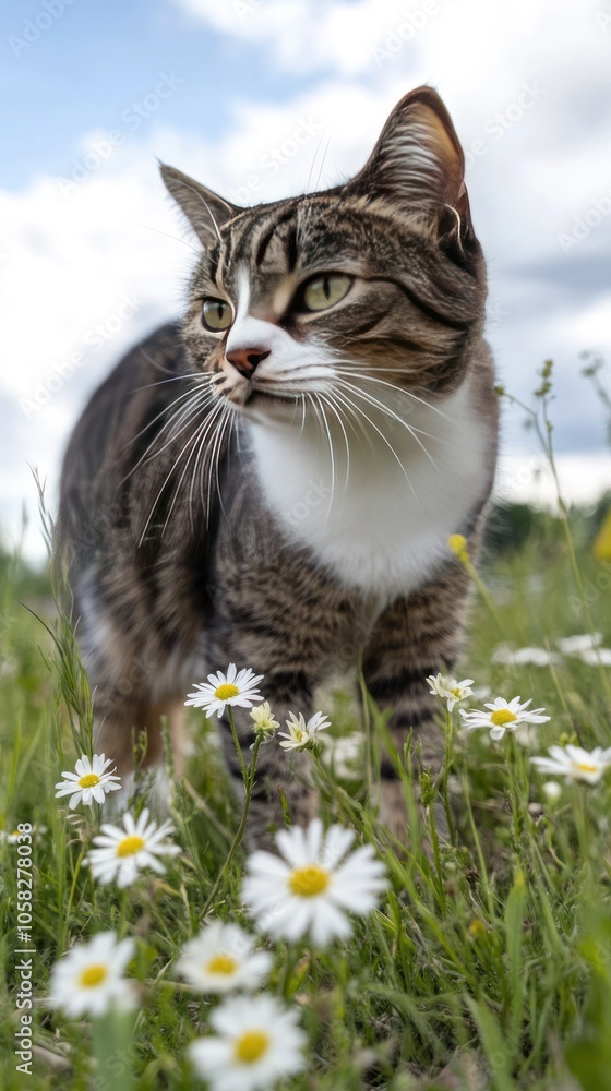A cat walking through a field of daisies under a cloudy sky. A cat walking through a field of daisies under a cloudy sky.