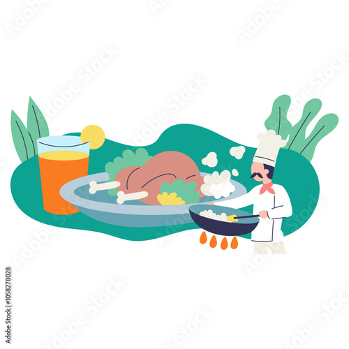 Chef cooking chicken, rice and orange juice.
