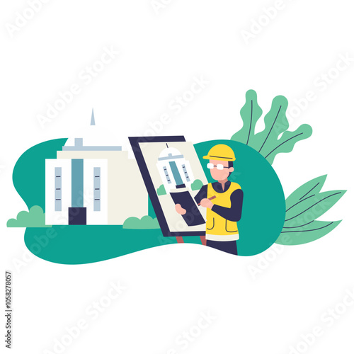 Man wearing helmet drawing building plans on easel.