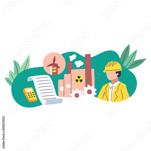 Factory, worker, wind turbine, calculator, paper, gears, green leaves.