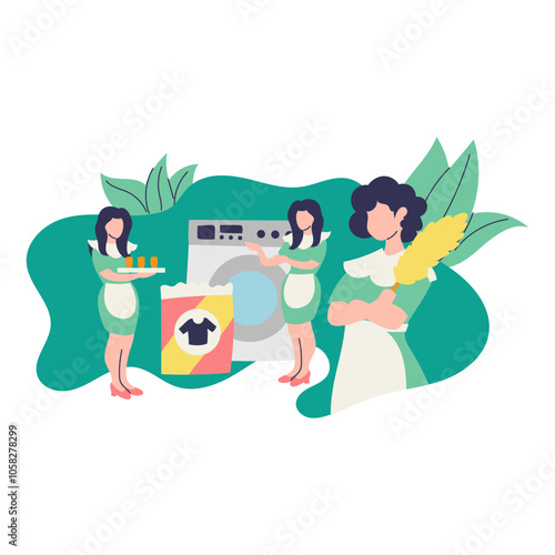 Three women cleaning together with a washing machine, detergent, and duster. Suitable for household chores, cleaning services, teamwork concepts.