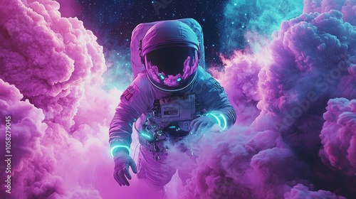 A futuristic and surreal depiction of an astronaut floating in a vibrant cosmic cloudscape. The astronaut's suit is illuminated by neon pink 