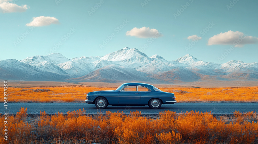 Fototapeta premium A dark blue car drives on a road with tall, golden grass, mountains in the background with snow