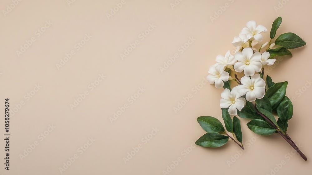 Fototapeta premium Elegant white flowers with green leaves on a soft beige background.