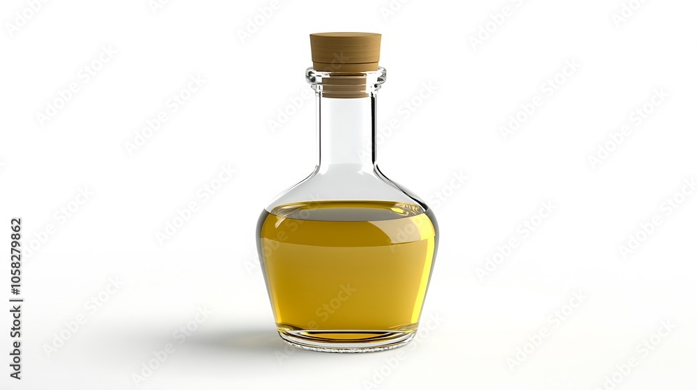 A highquality image of a sleek, clear glass bottle filled with golden olive oil, isolated on a pristine white background A highquality image of a sleek, clear glass bottle filled with golden olive oil, isolated on a pristine white background