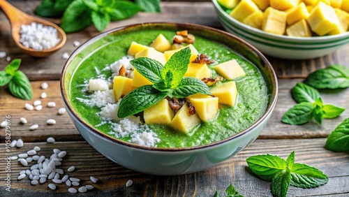 A refreshing summer smoothie bowl filled with green spinach, banana, and pineapple chunks, topped with fresh mint leaves and coconut flakes, banana, smoothie bowl, coconut, mint